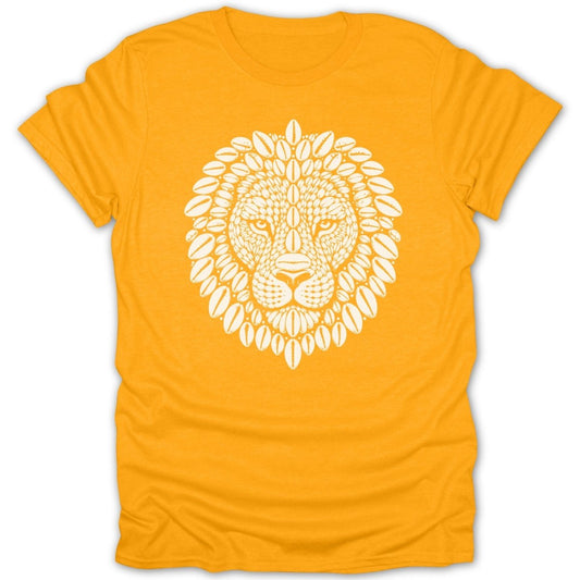 Orange t-shirt with a white lion's head design made of shells.