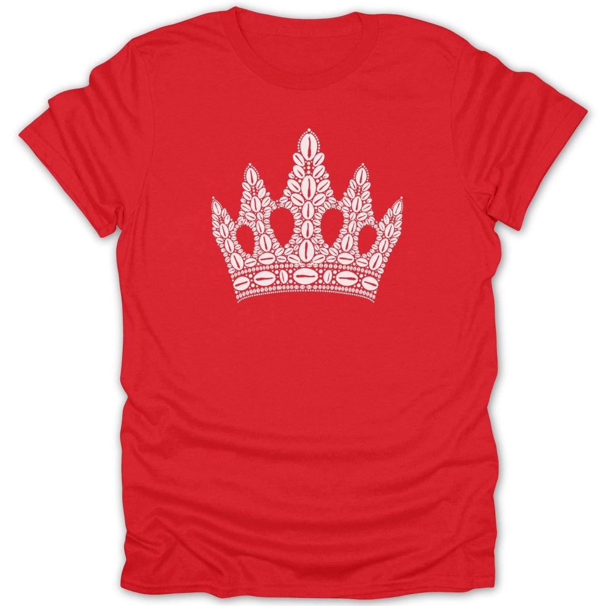 Red t-shirt with a white crown design made of coffee beans.