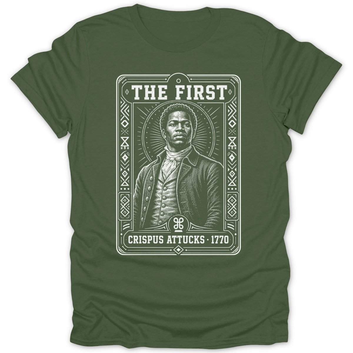 Crispus Attucks portrait with "The First Crispus Attucks 1770" text.