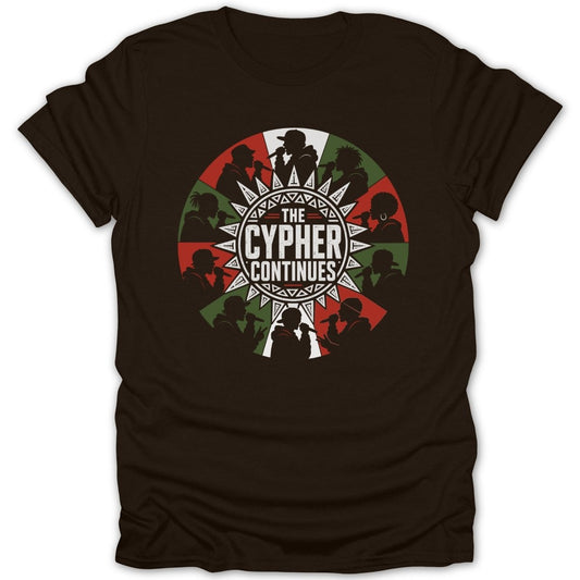 Brown t-shirt with circular design of silhouettes rapping and text "The Cypher Continues".
