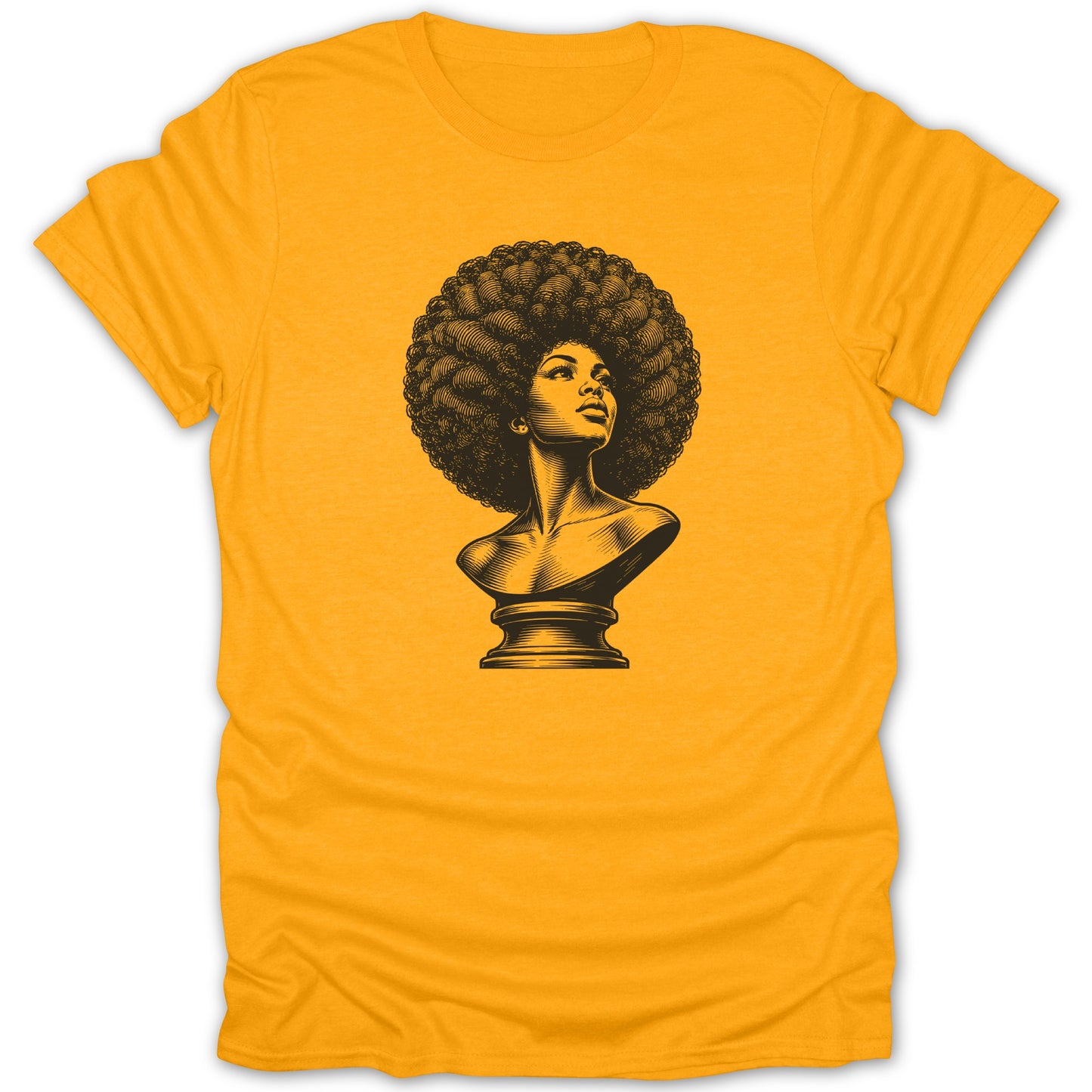 Orange t-shirt with black linework illustration of a woman's bust with an afro