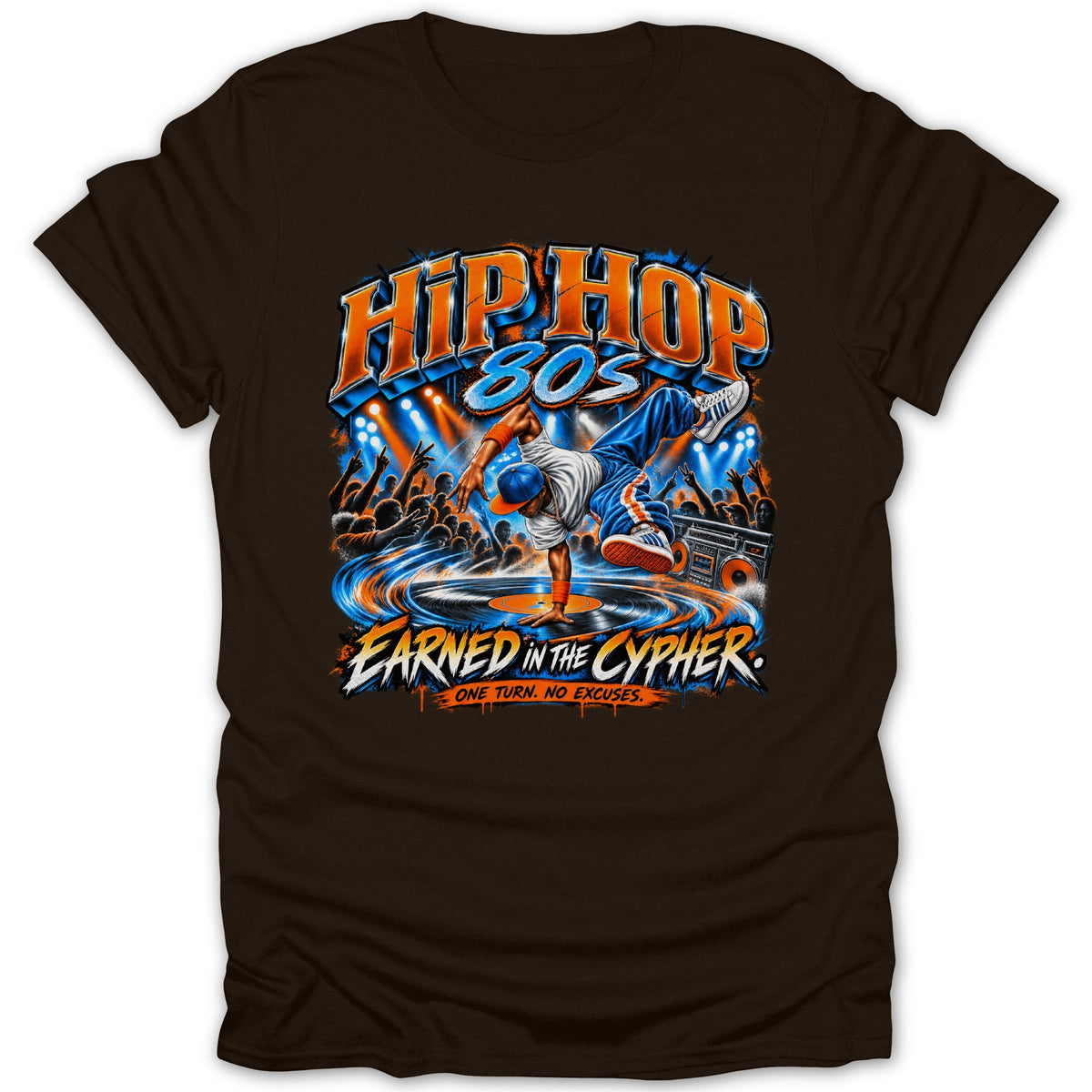 Brown t-shirt with "HIP HOP 80s" graphic, breakdancer, crowd, and boombox.