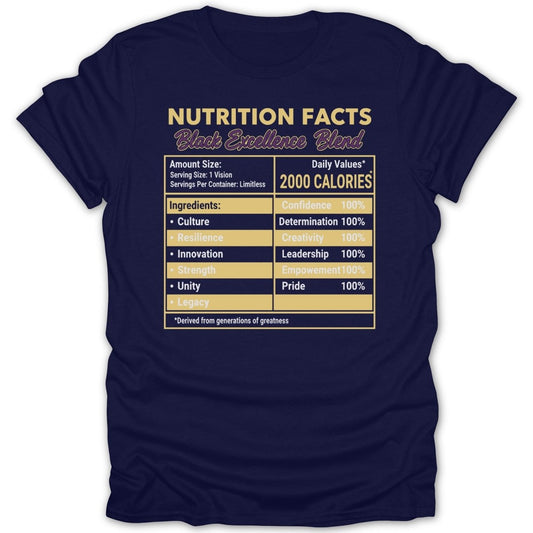Black Excellence Nutrition Facts Gold Tee - Zion Threadz
