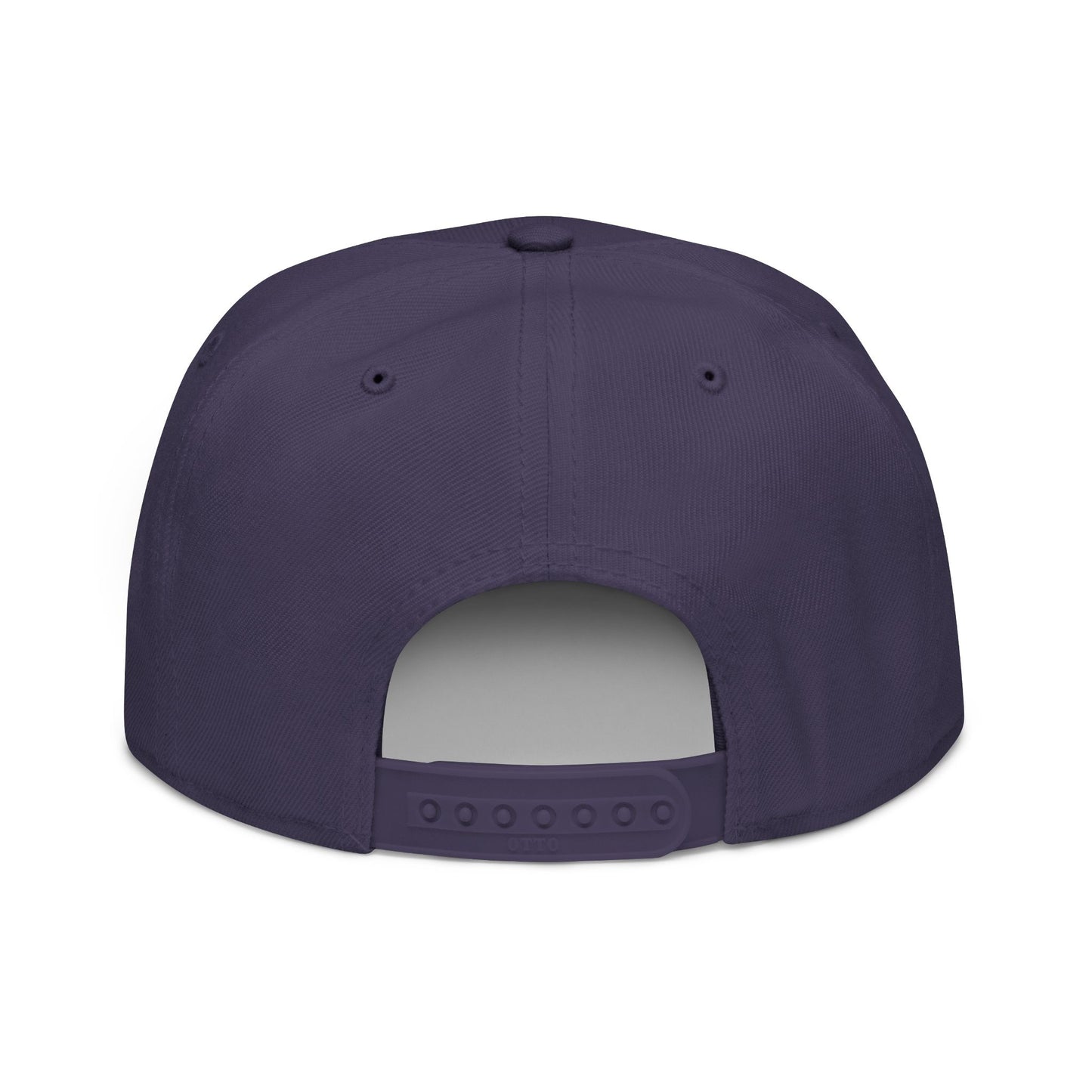 Purple snapback baseball cap, back view, showing adjustable strap.