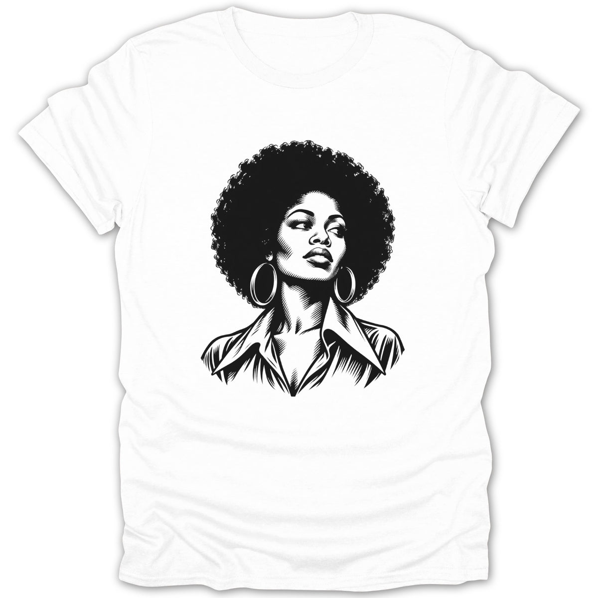 A white short-sleeve t-shirt featuring a black and white graphic illustration of a woman with an afro.