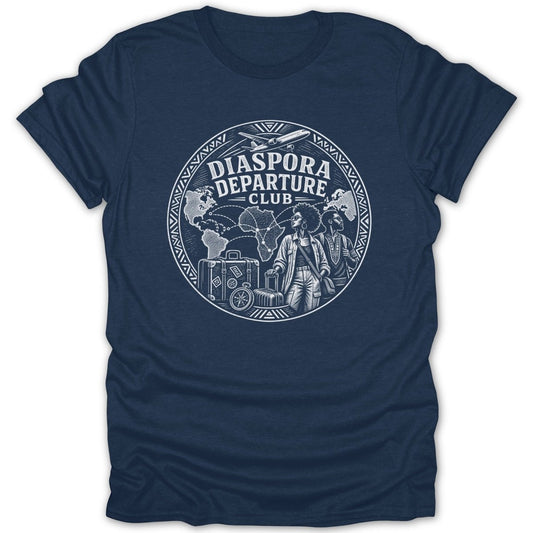 Navy t-shirt with "Diaspora Departure Club" graphic featuring world maps, airplane, luggage, and people.