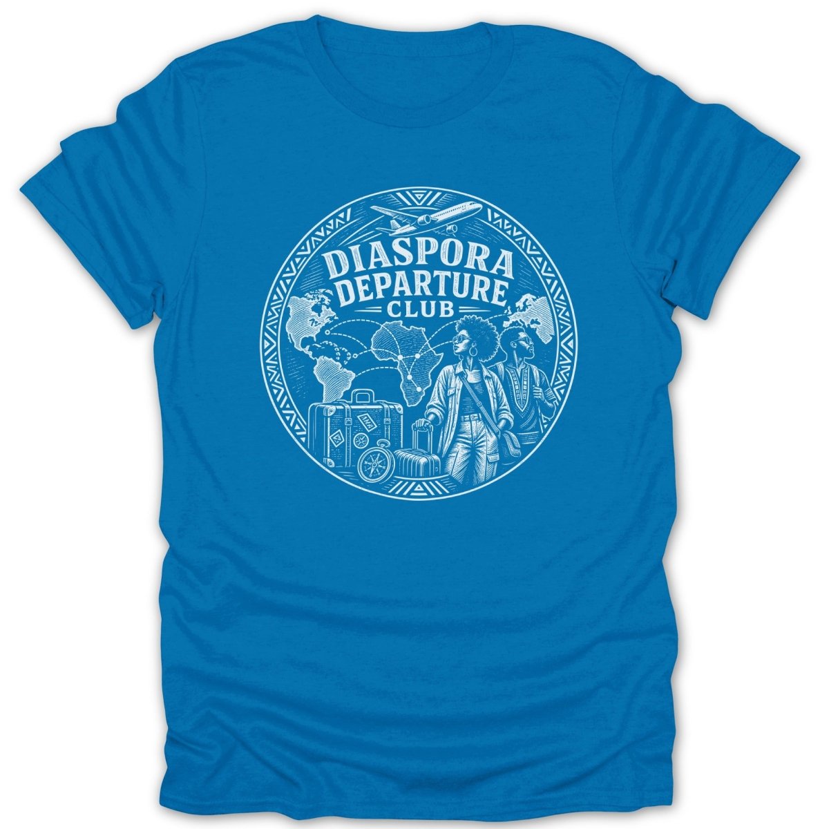 Blue t-shirt with "Diaspora Departure Club" text and travel-themed graphic.