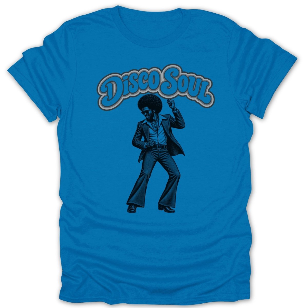 Blue t-shirt with "Disco Soul" text and a graphic of a man in bell bottoms dancing.