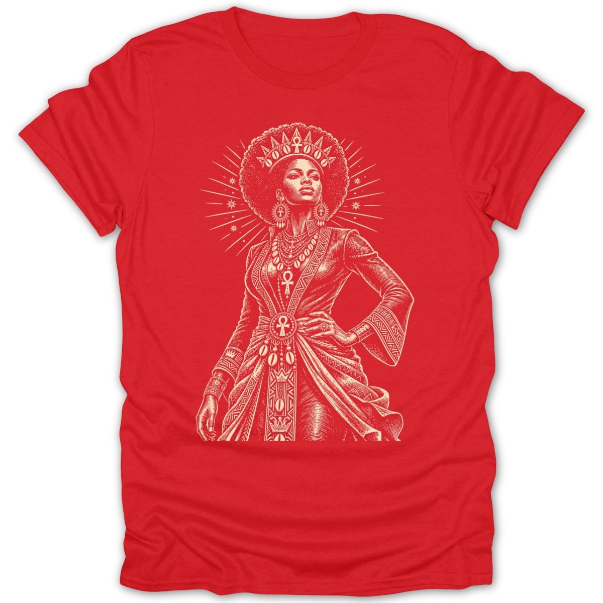 Red t-shirt with a cream-colored drawing of a regal African queen in ornate attire.