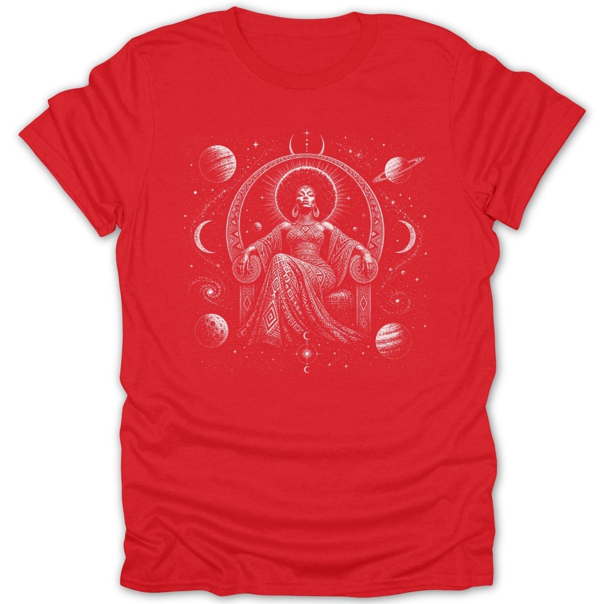Red t-shirt with white cosmic queen graphic sitting on a throne.