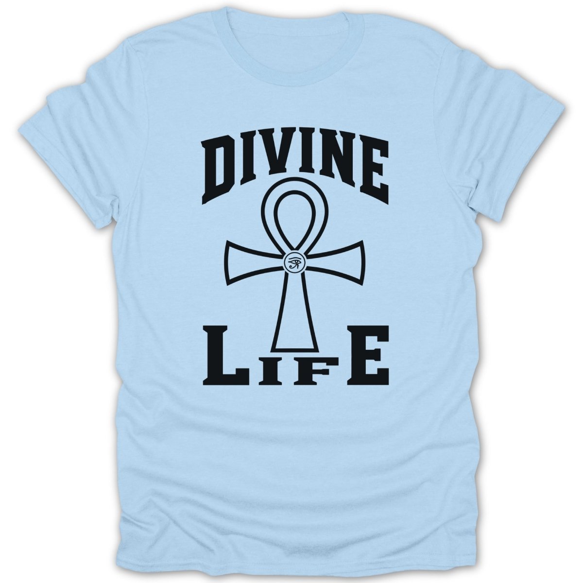 Light blue t-shirt with black text "DIVINE LIFE" and an ankh symbol.