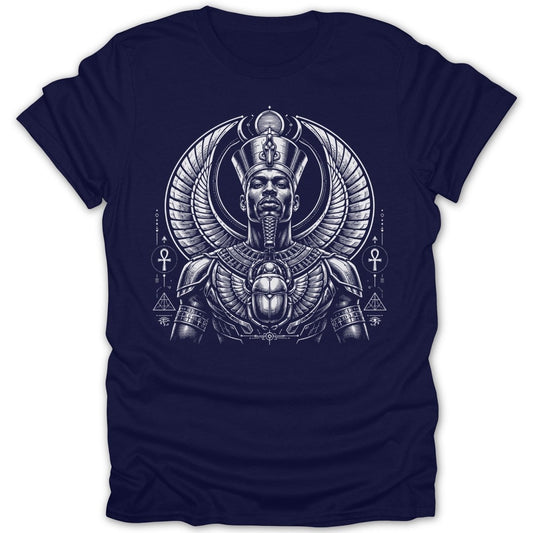 T-shirt with Egyptian pharaoh headdress, winged scarab, and hieroglyphs.