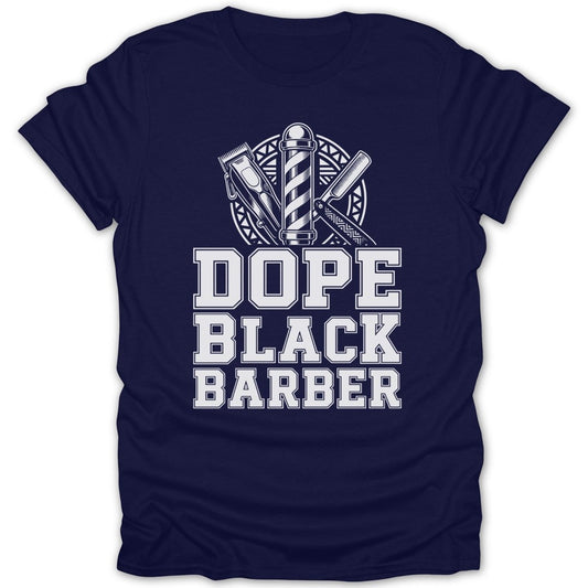 Navy t-shirt with "DOPE BLACK BARBER" text and barber tools graphic.