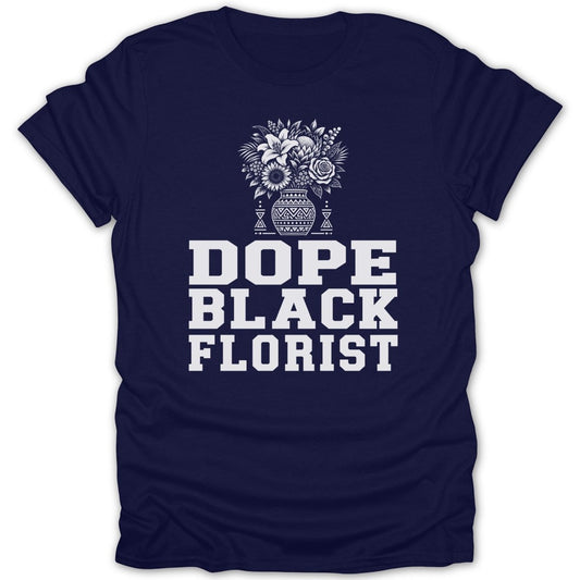 Navy t-shirt with white text and floral vase design.