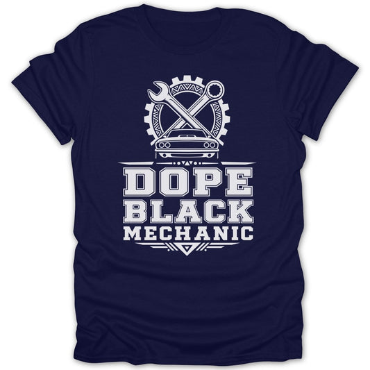 Navy t-shirt with white graphic of car, wrenches, gear, and text "DOPE BLACK MECHANIC".