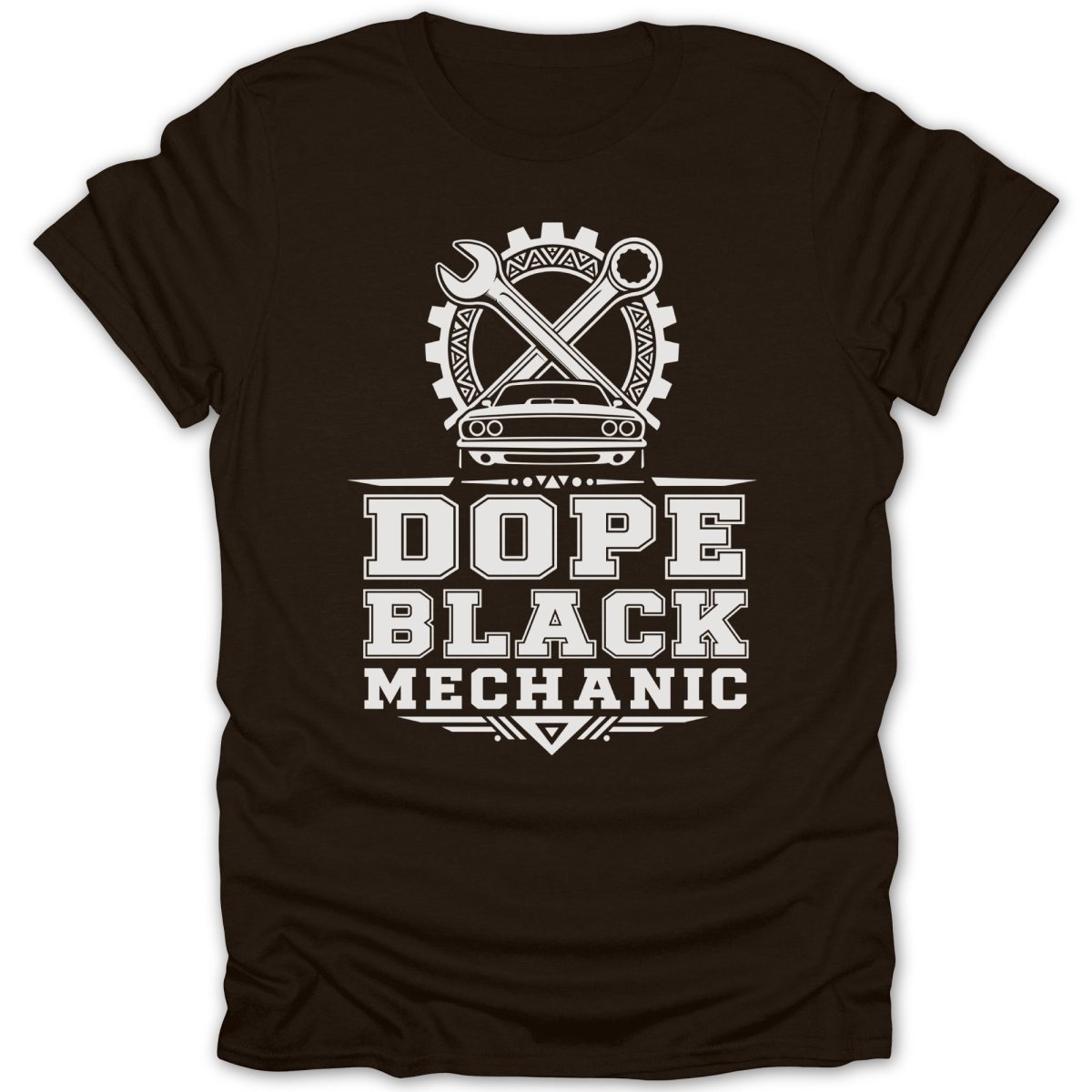 Brown t-shirt with white text and graphics; "DOPE BLACK MECHANIC".
