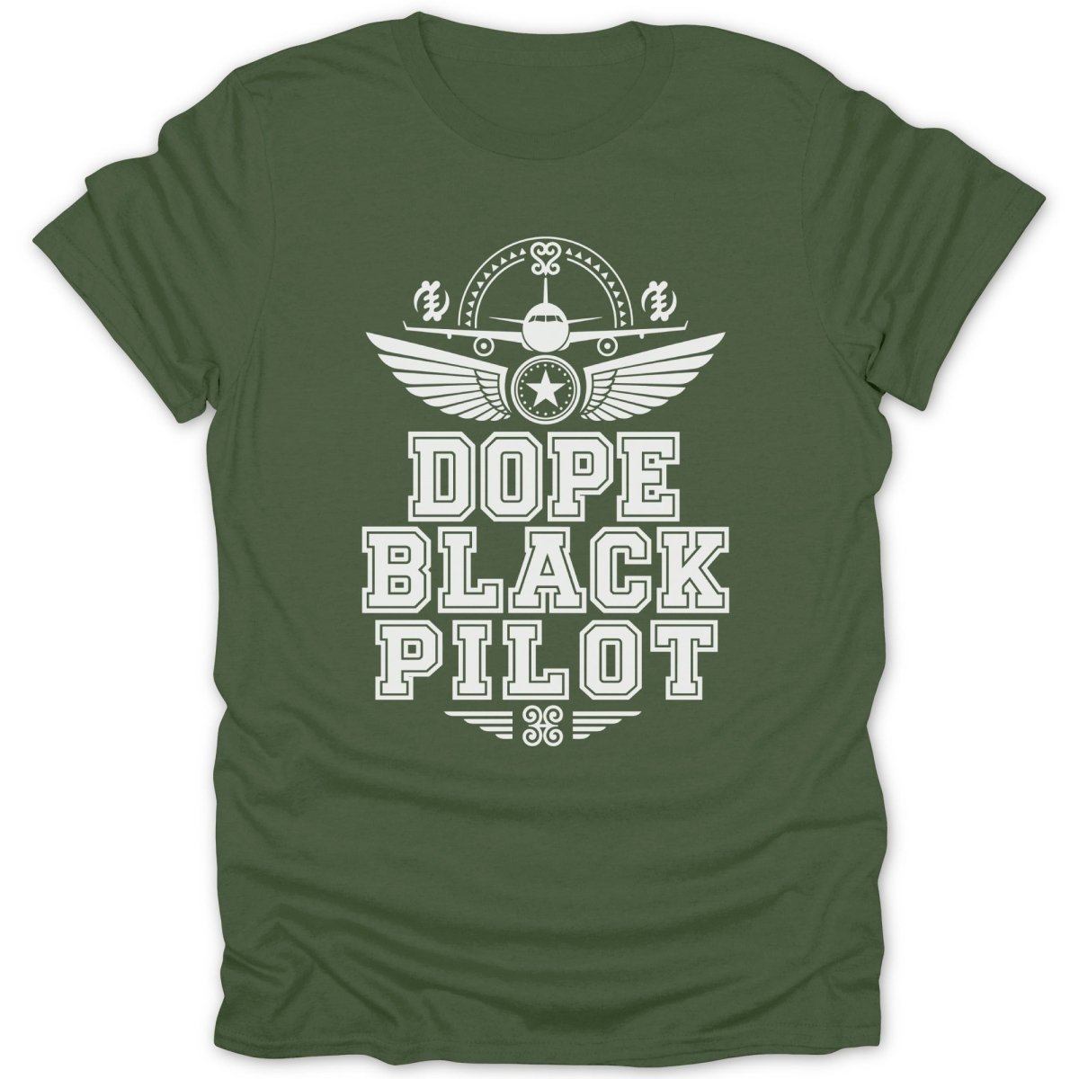 Olive green t-shirt with white graphic containing an airplane and text "DOPE BLACK PILOT".