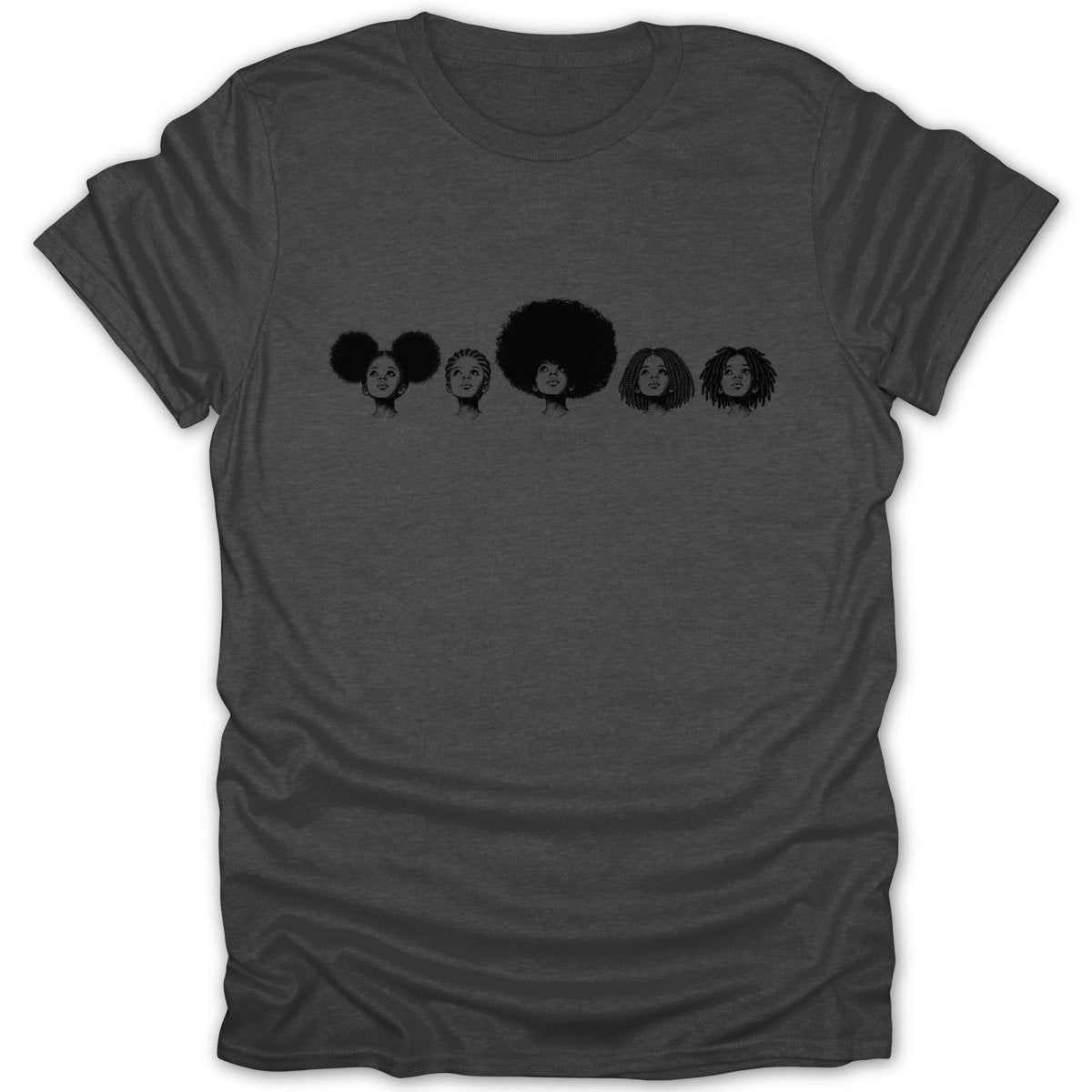 Dark grey t-shirt with line art of five diverse Black women's hairstyles.