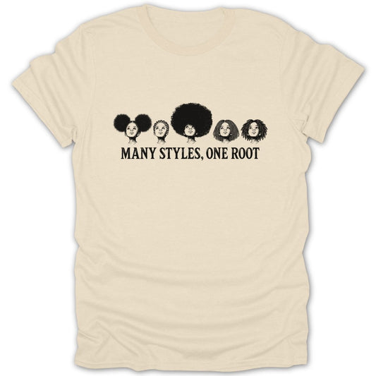 Graphic tee with diverse hairstyles and text "MANY STYLES, ONE ROOT".