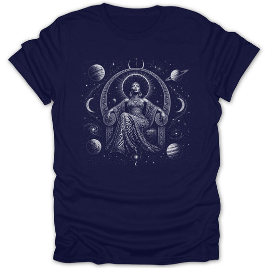 Woman on a throne in a celestial scene with planets and stars.