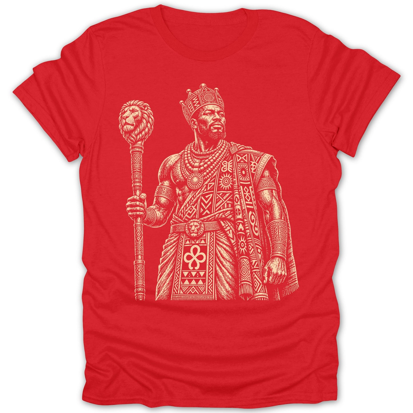 Engraving of a crowned man in traditional regalia holding a lion-topped staff.