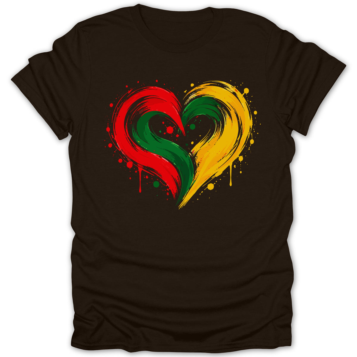 Brown t-shirt with a multi-colored heart design in red, green, and yellow paint splatters.