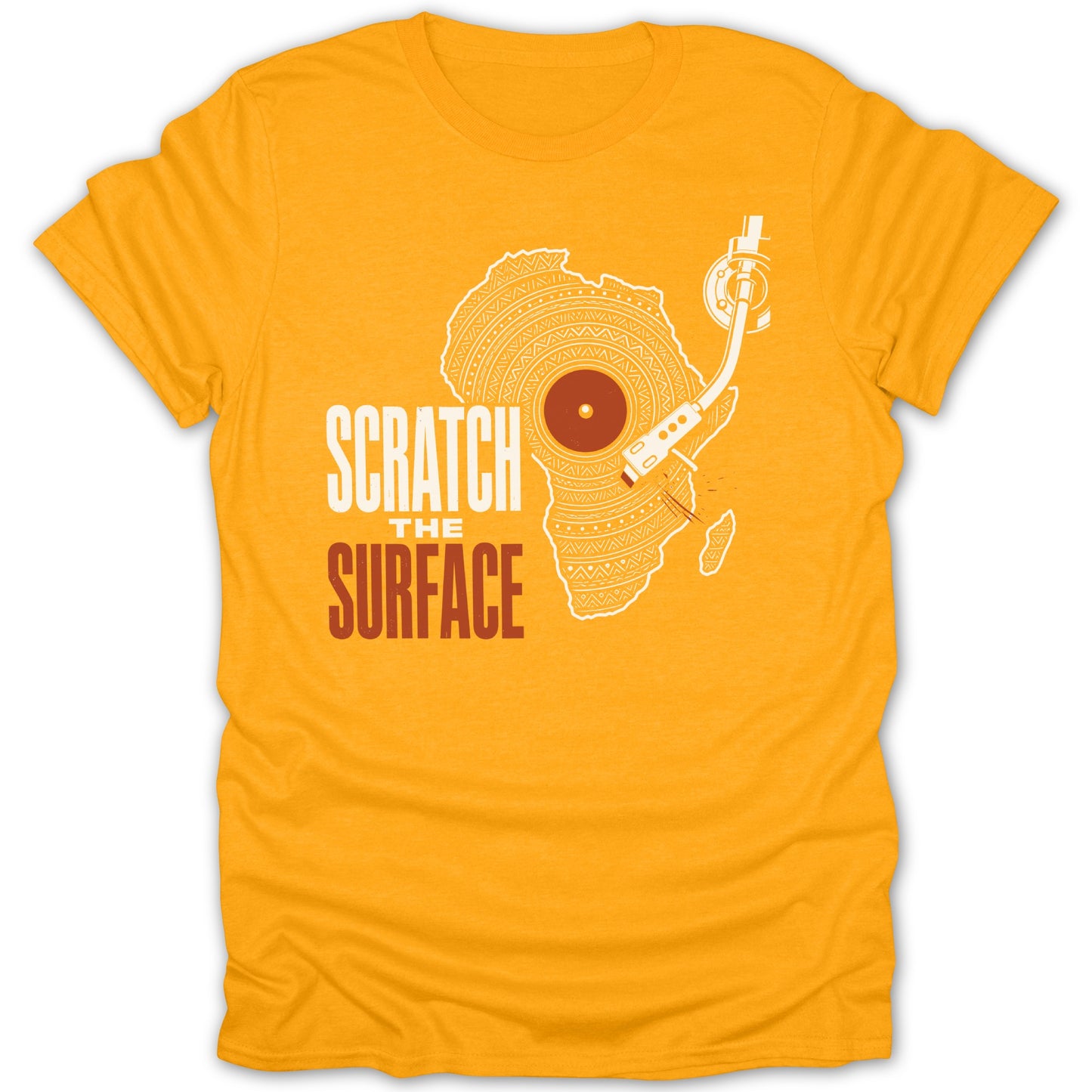 Yellow t-shirt with white outline of Africa map, record, and turntable graphic.