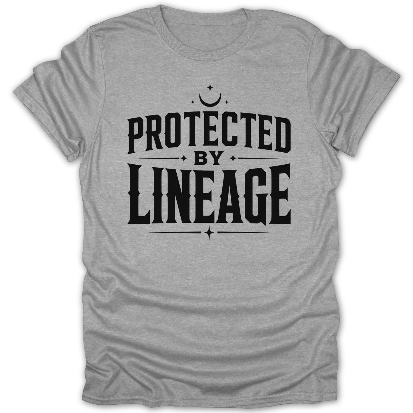 Grey t-shirt with black text "PROTECTED BY LINEAGE" and celestial accents.
