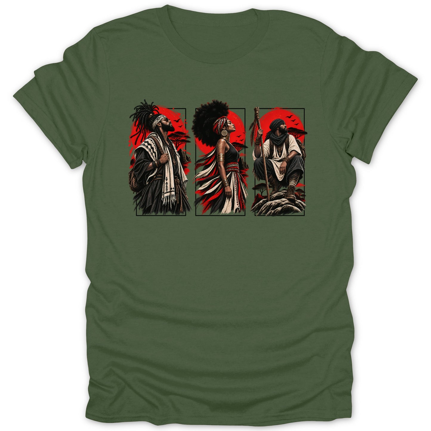 Triptych graphic on green t-shirt depicting three figures in traditional attire against a red sunset.