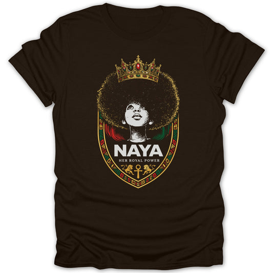 Brown t-shirt with a crowned Black woman's portrait on a crest.