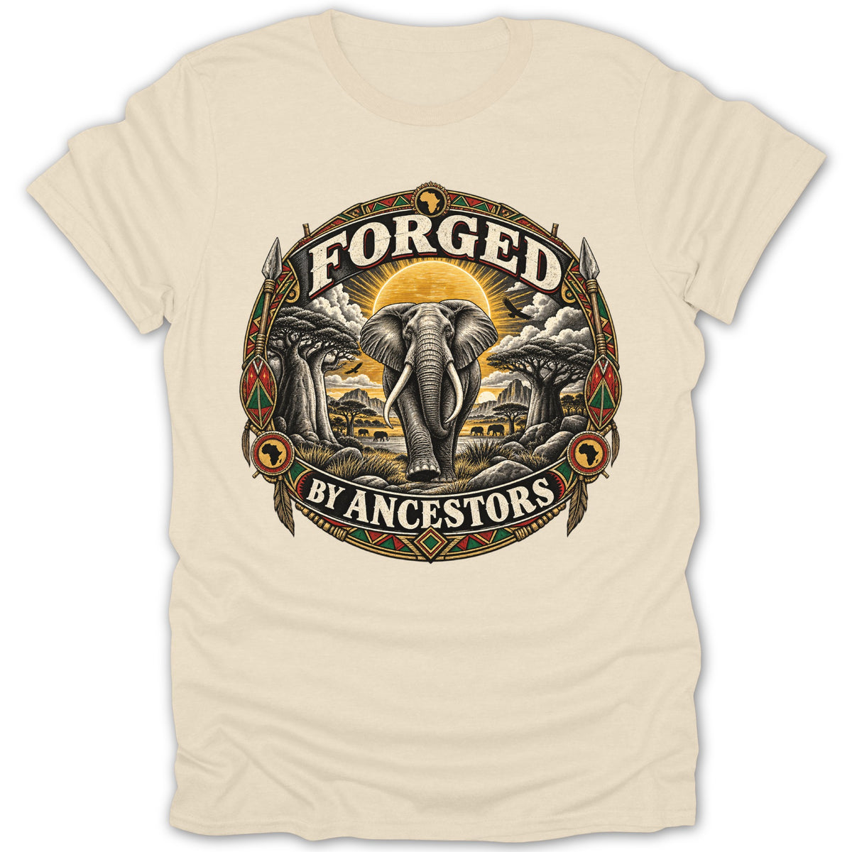 T-shirt graphic with elephant and text "FORGED BY ANCESTORS" in African savanna scene.