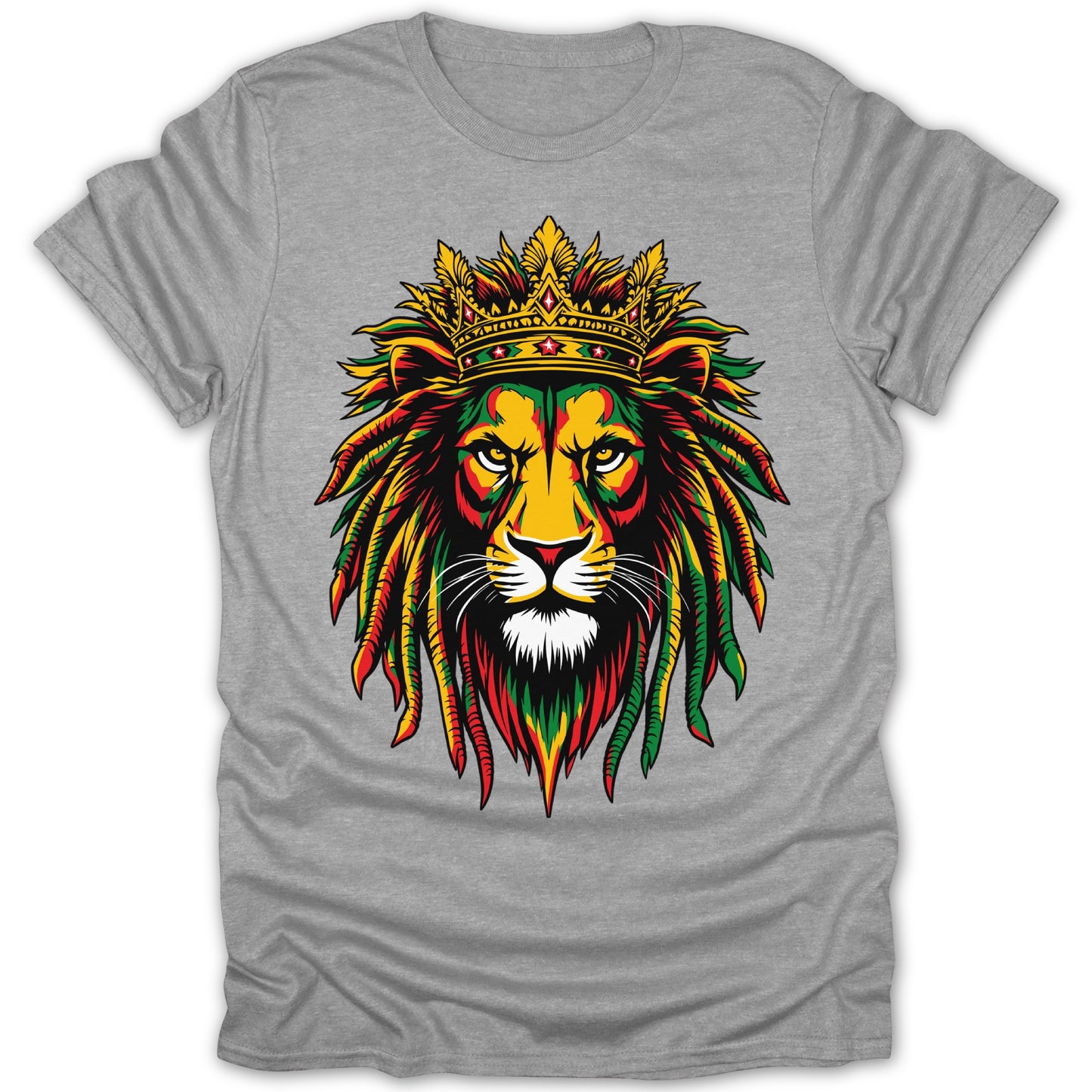 Rastafarian lion with crown and dreadlocks on a gray t-shirt.