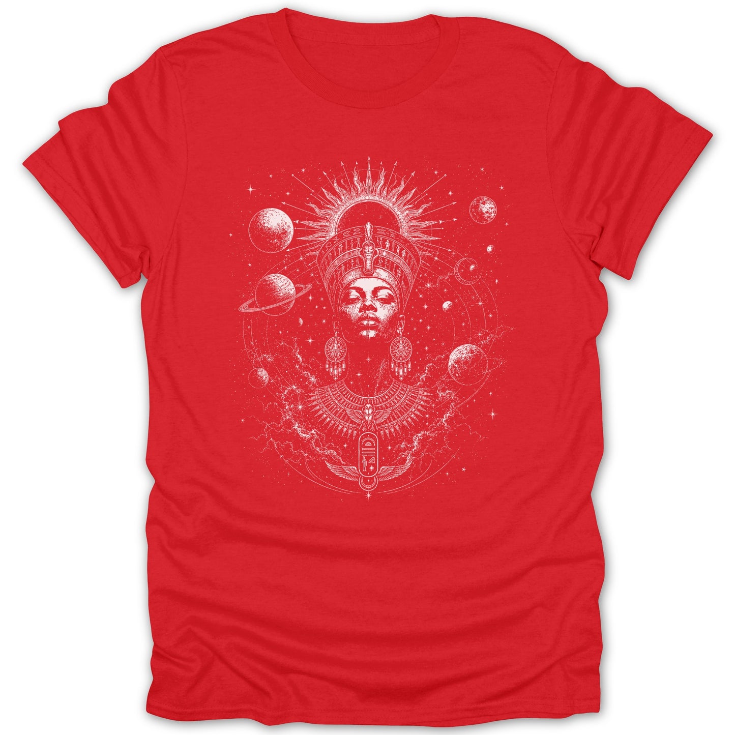 Red t-shirt with a white, detailed graphic of an Egyptian queen amidst planets and stars.