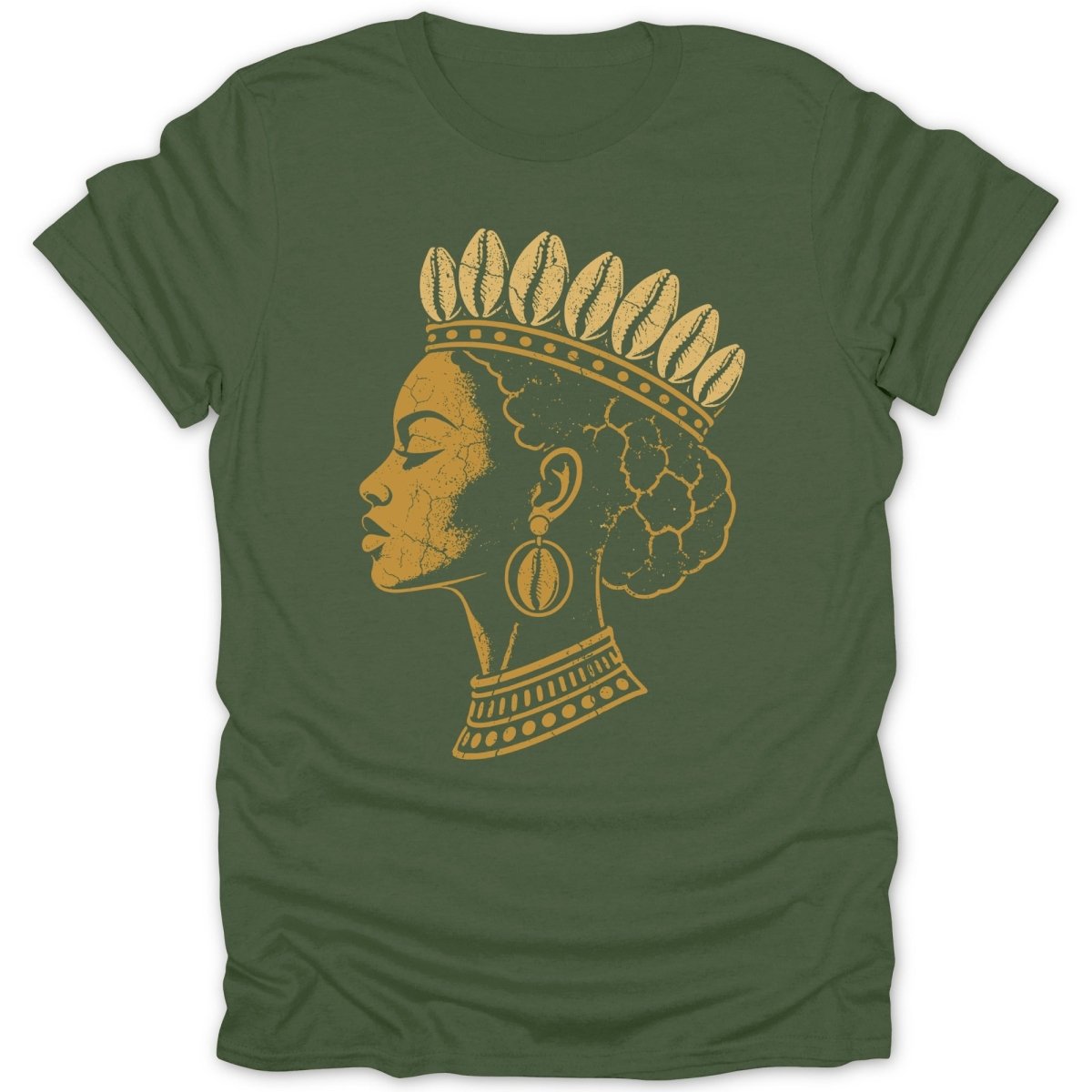 Green t-shirt with distressed gold queen's profile wearing a shell crown and earrings.