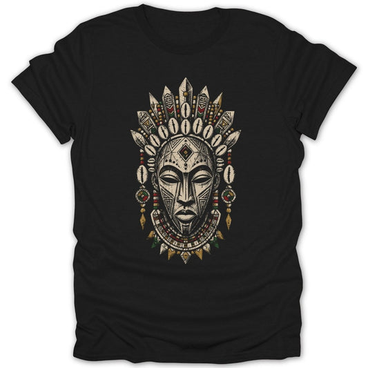 Black t-shirt with a colorful tribal mask headdress graphic.