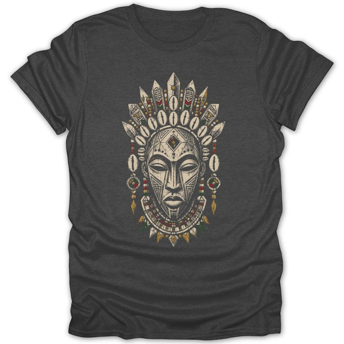 Tribal mask design with headdress and shell adornments on a dark t-shirt.