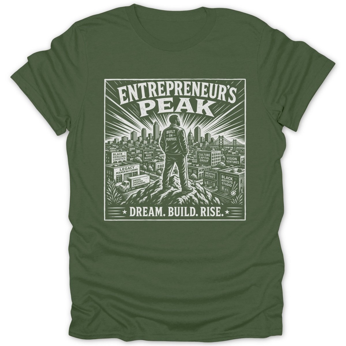 Green t-shirt with "ENTREPRENEUR'S PEAK" graphic and "DREAM. BUILD. RISE." text.