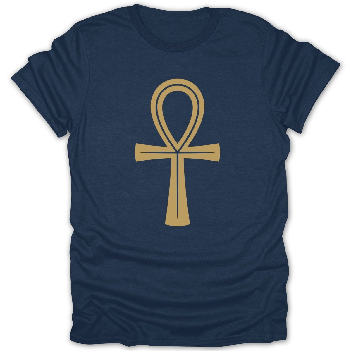Navy t-shirt with a gold Ankh symbol centered on the chest.