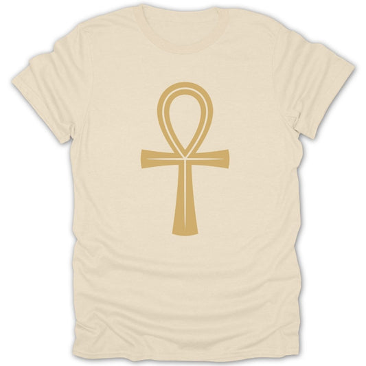 Cream t-shirt with a gold Ankh symbol centered on the front.