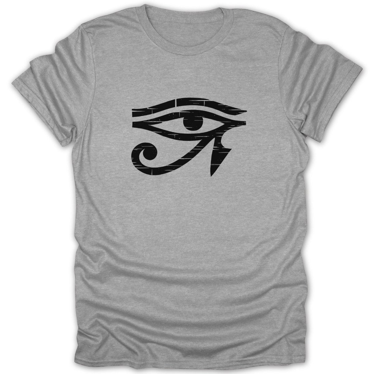 Grey t-shirt with a black distressed Egyptian Eye of Horus graphic.