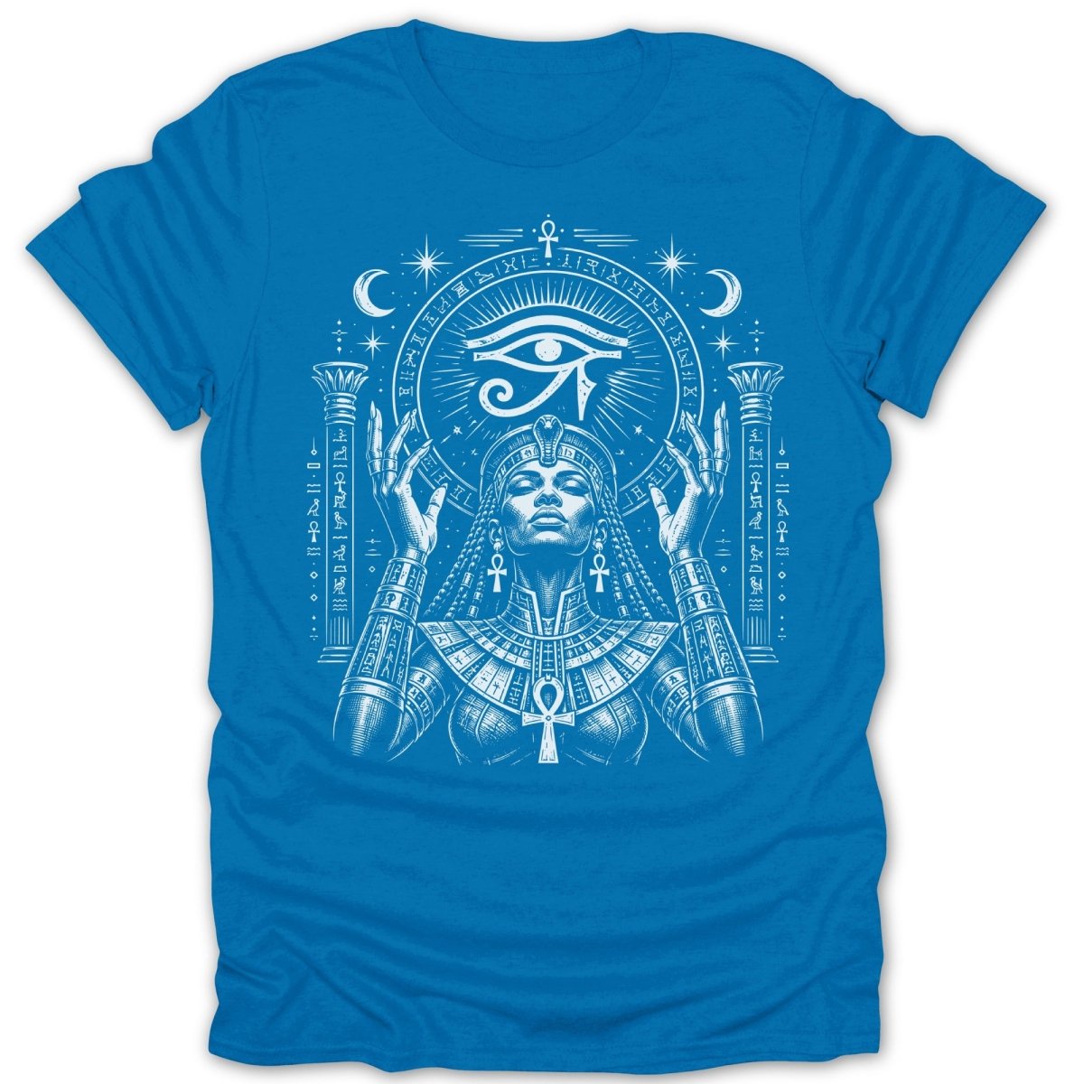 Egyptian goddess Hathor with Eye of Horus and hieroglyphs on blue t-shirt.