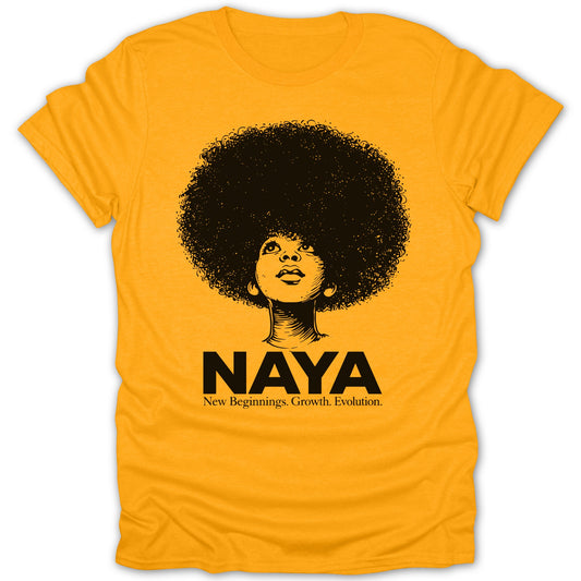 Yellow t-shirt with black graphic of a woman with an afro, "NAYA. New Beginnings. Growth. Evolution."