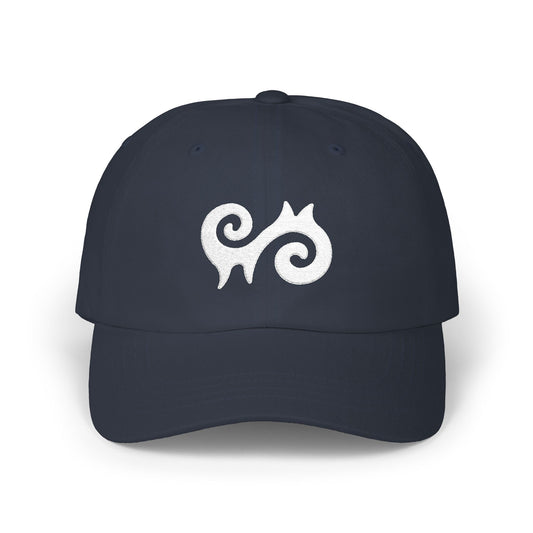 Navy blue baseball cap with white embroidered symbol on the front.