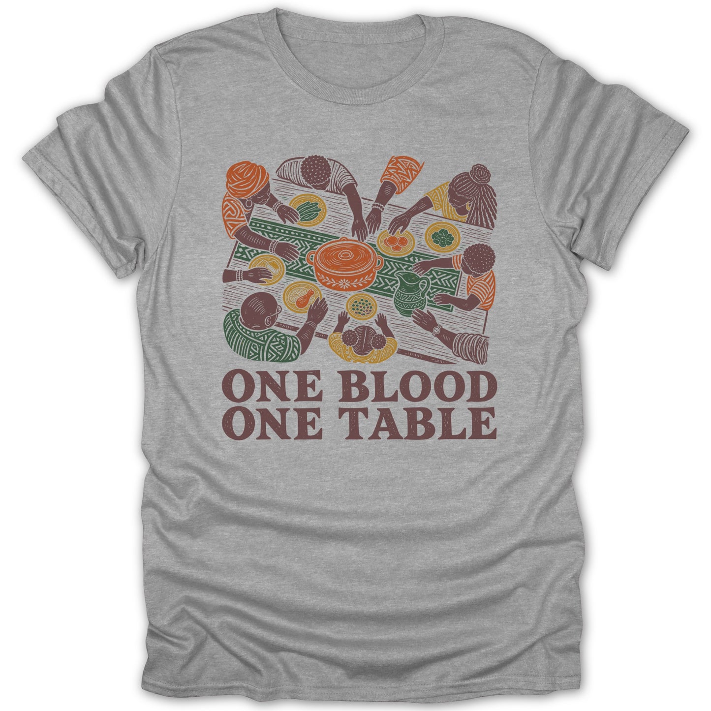 Grey t-shirt with a colorful illustration of people sharing a meal, text reads "ONE BLOOD ONE TABLE".