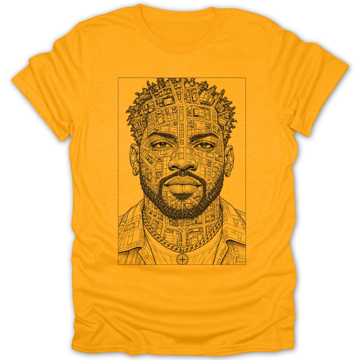 Line drawing of a man's face with city streets on his skin and hair on a yellow t-shirt.