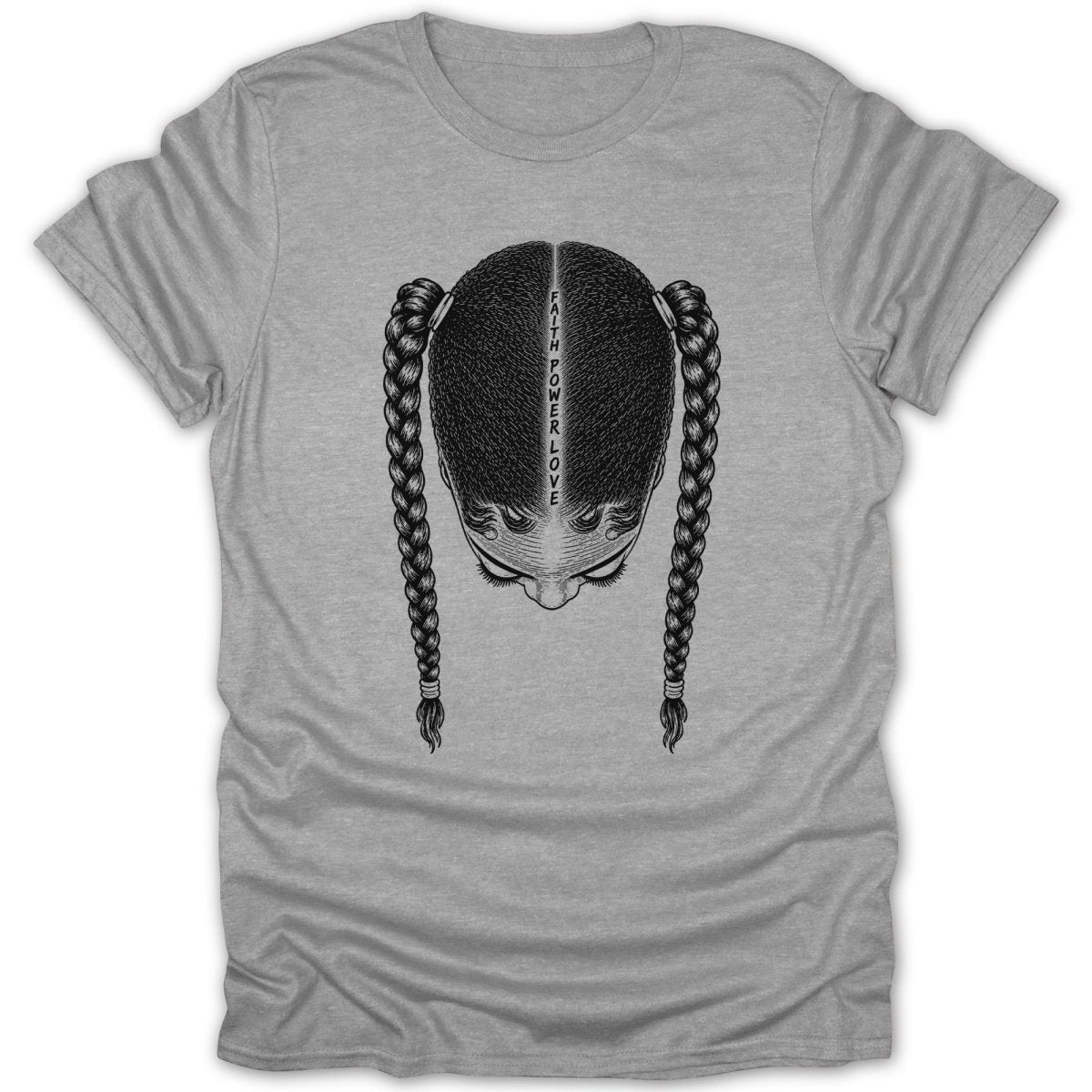 Gray t-shirt with a graphic of a woman's head with braided hair and "FAITH POWER LOVE" text.