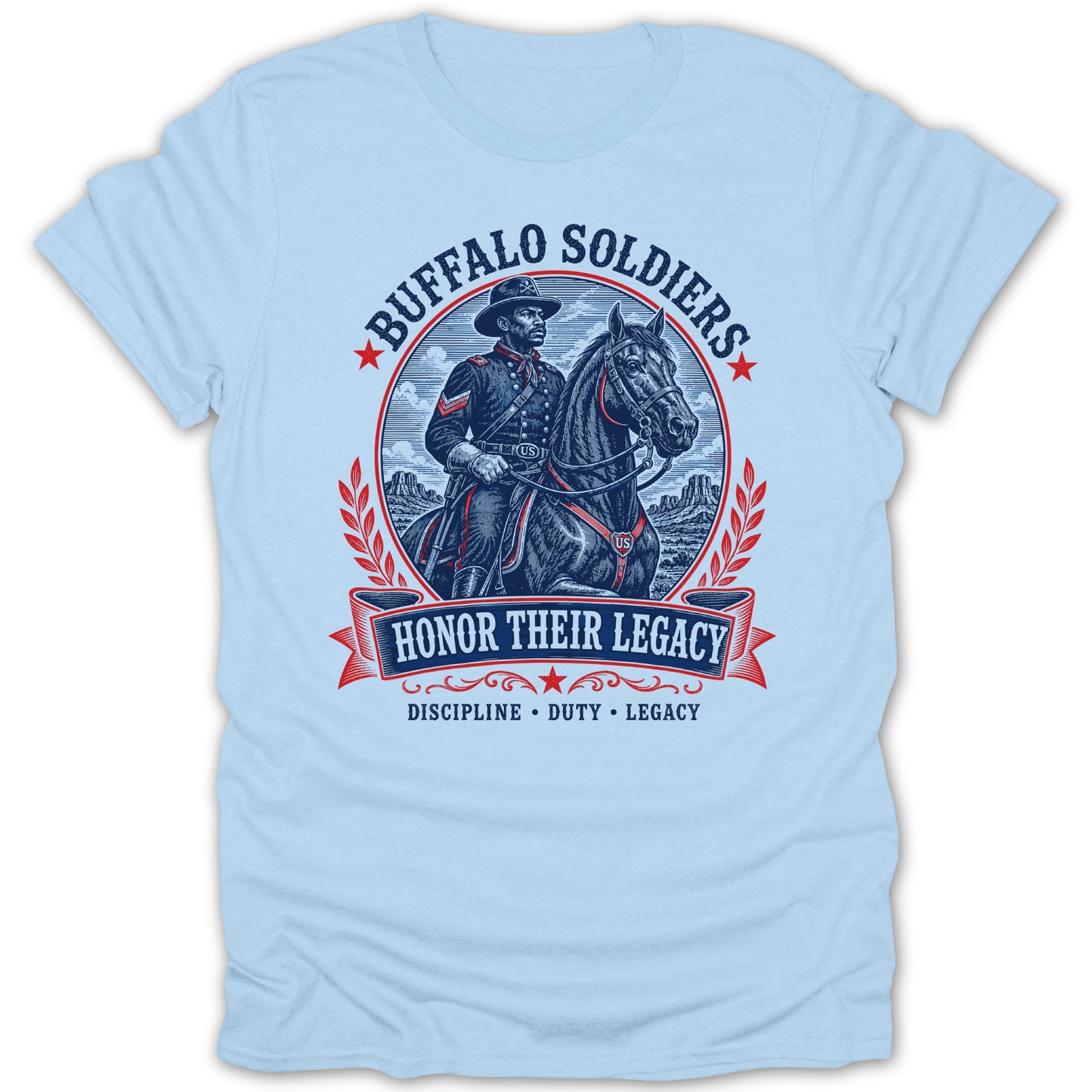 Buffalo Soldiers on horseback with text "Honor Their Legacy" and "Discipline, Duty, Legacy".
