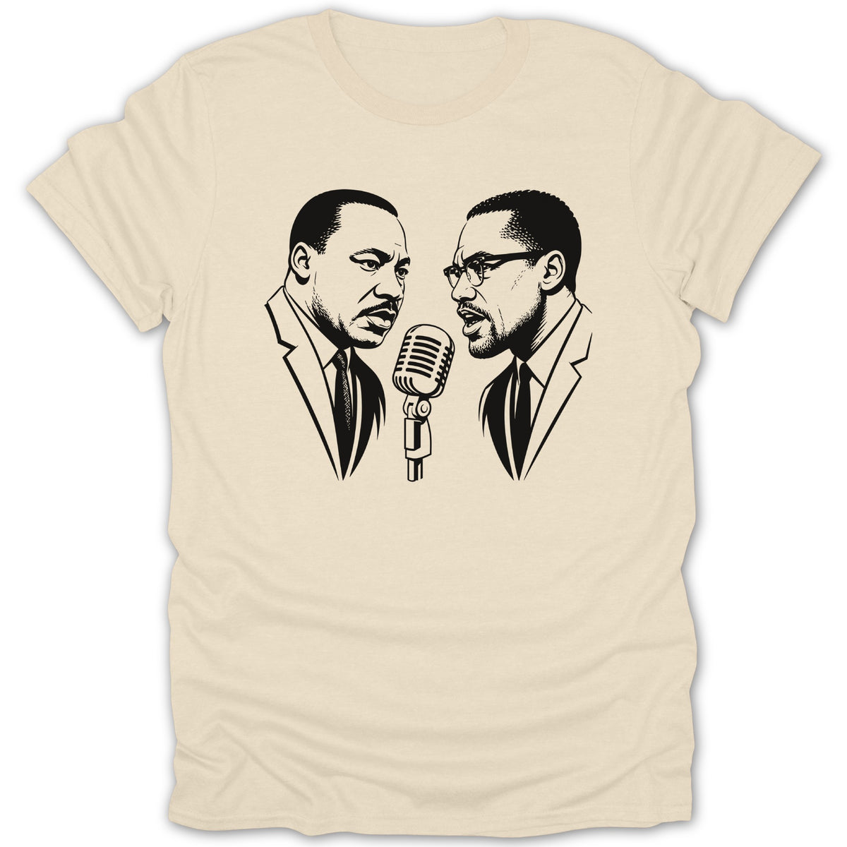 Martin Luther King Jr. and Malcolm X portrait with a vintage microphone on a t-shirt.