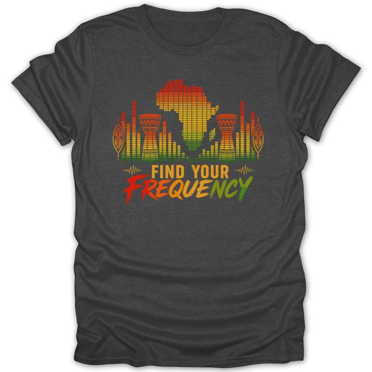 Graphic t-shirt with Africa map, drums, and equalizer bars, reads "Find Your Frequency".