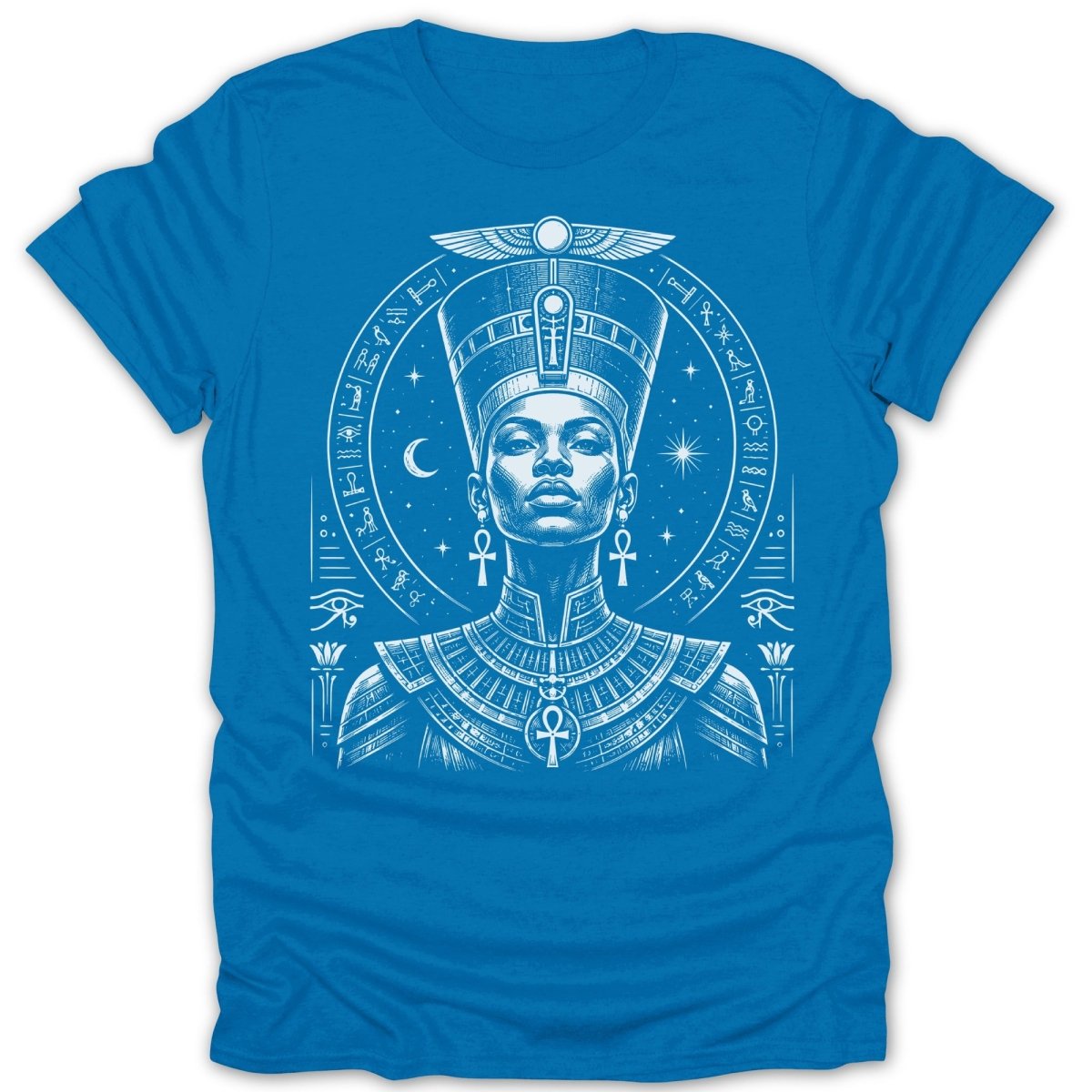 Nefertiti with Egyptian hieroglyphs and symbols in a circular emblem.